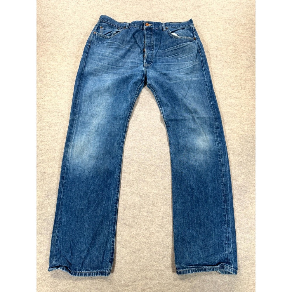 Levis 501 Straight Fit Jeans Mens 38x34 Blue Denim Button Fly Faded Whiskering